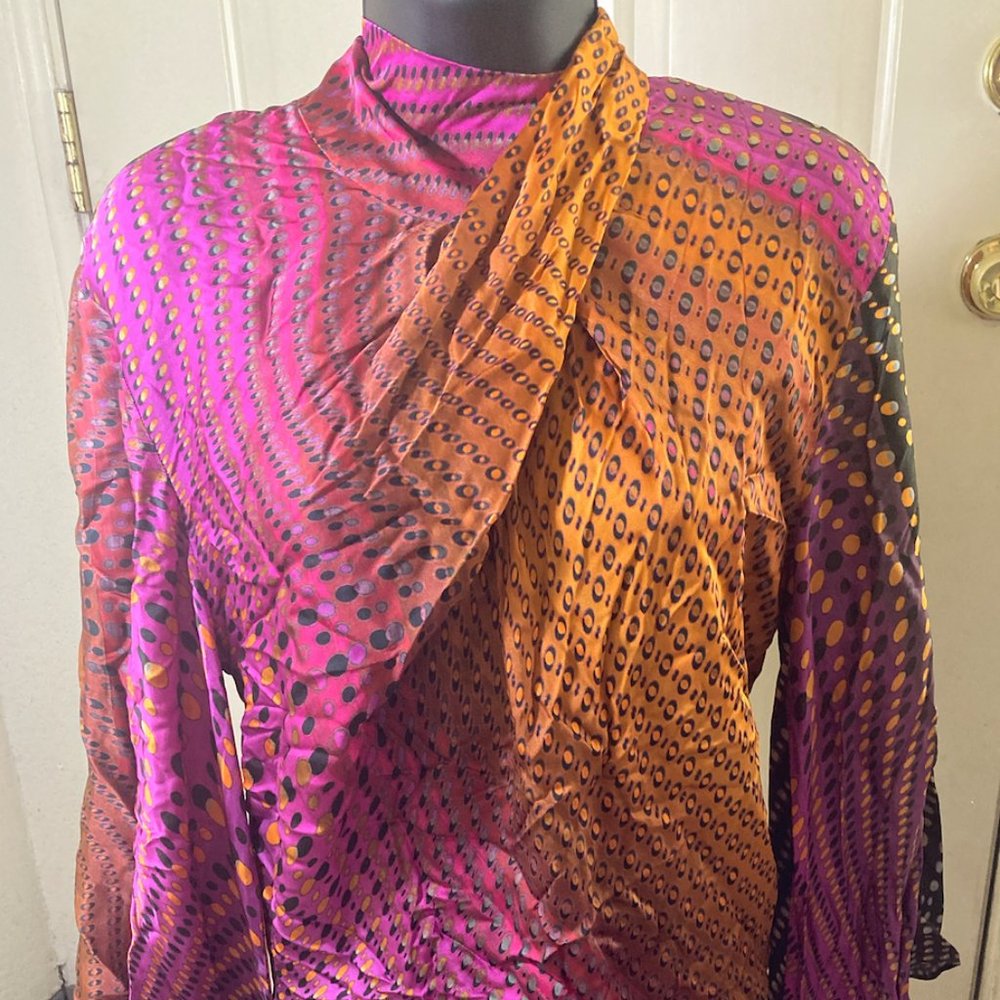 Multicolored Blouse with Neck-Tie and Open Sleeves and Matching Skirt
